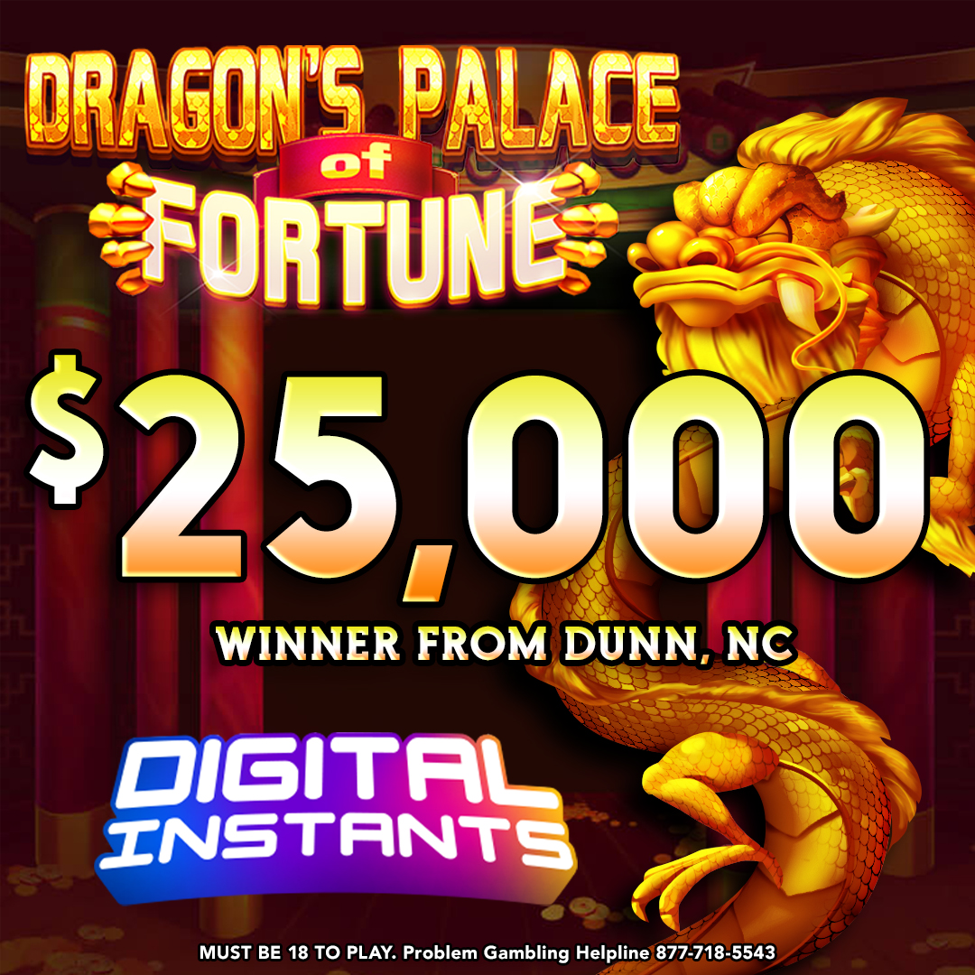 nclottery's tweet image. Congrats to the #NCLottery player from #Dunn, who won $25,000 playing the new Dragon's Palace of Fortune. The #DigitalInstants player won from a $5 bet. Way to go!