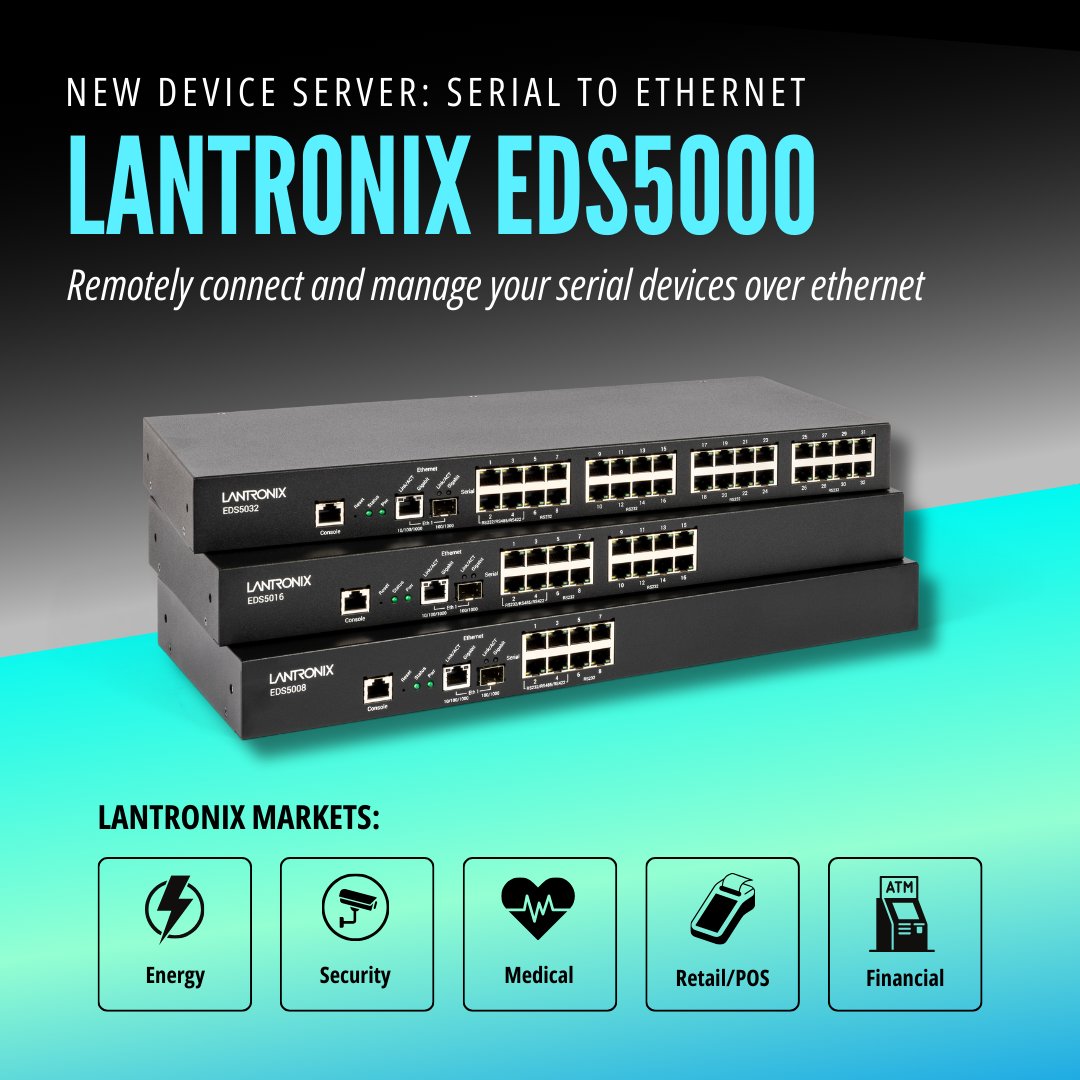 Enhance your operations with the new <a href="/lantronix/">Lantronix</a>  EDS5000 Series. Whether you need to manage #medicaldevices, #POSterminals or security equipment, our next-generation servers provide secure, efficient #remoteconnectivity for up to 32 serial devices. bit.ly/3VJL4b3