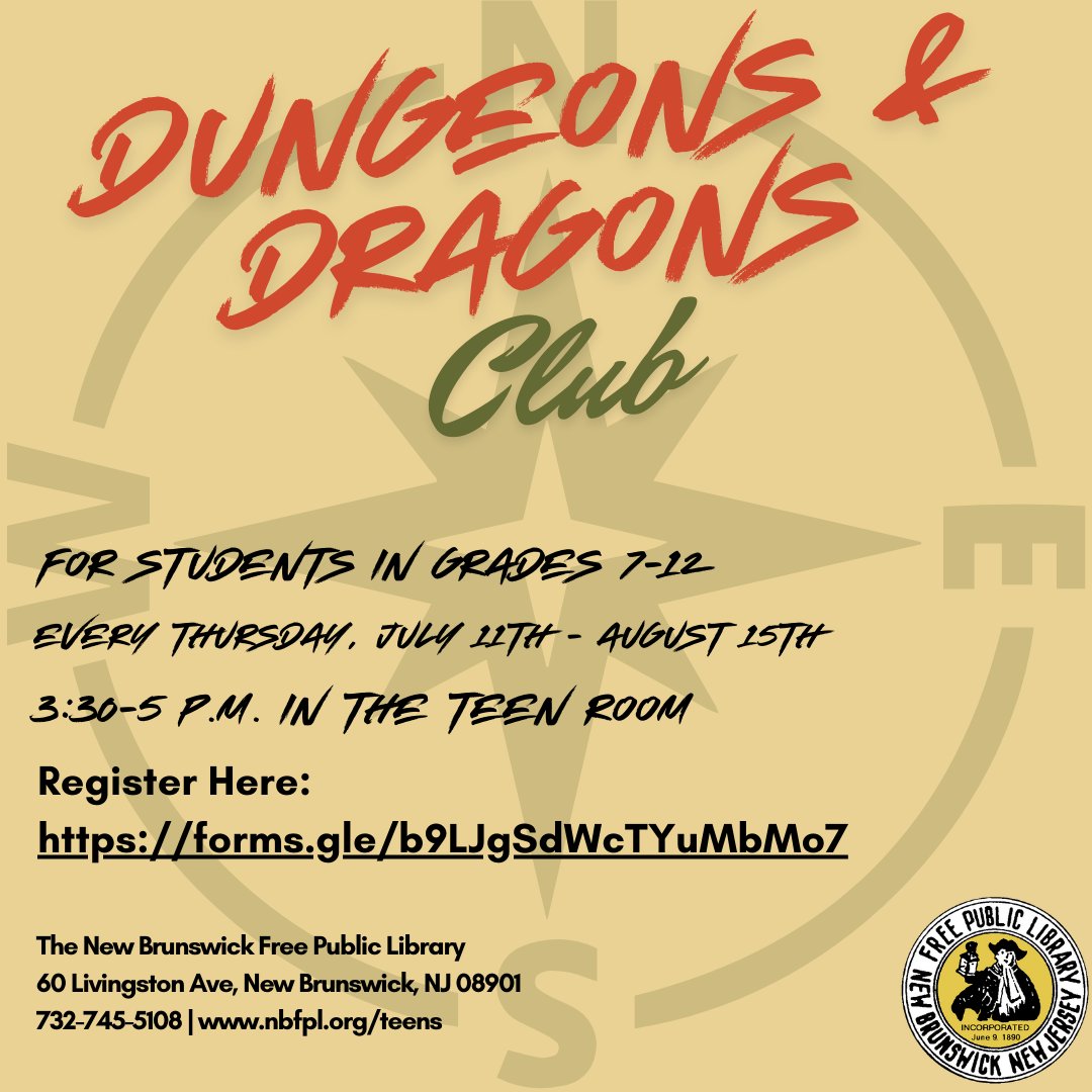 NBFPLNJ's tweet image. #Teens in grades 7-12 are welcome to join our  #D&amp;amp;D table this summer. Dungeons and Dragons is a game of adventure, and #AdventureBeginsAtYourLibrary! Beginner and experienced players welcome. Please register at forms.gle/b9LJgSdWcTYuMb….
#NewBrunswickNJ #LibraryProgram