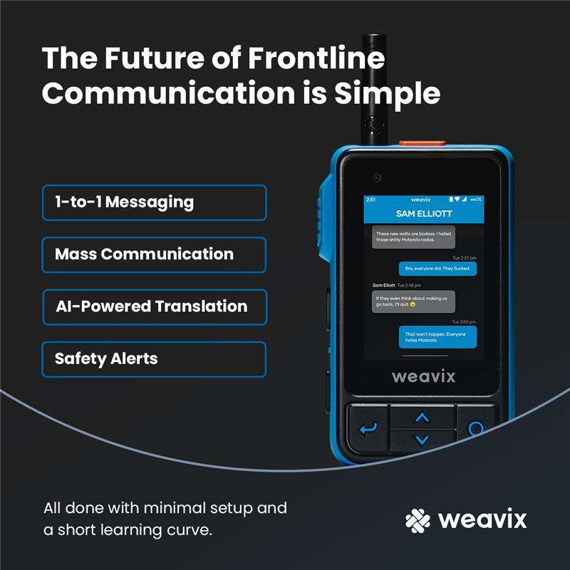 weavixiow's tweet image. The future of frontline comms is simple. 

Every worker gets a radio. Everyone is connected by:  
 
✔️ 1-to-1 messaging 
✔️ Mass comms 
✔️ AI-powered language translation
✔️ Safety alerts 

#workwithwalt #InternetofWorkers #SmartRadio #MoreThanaRadio #AIPoweredTranslation