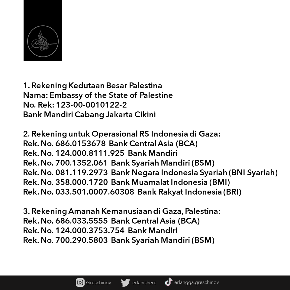 erlanishere's tweet photo. Kumpulan nomor rekening donasi untuk Palestina beserta badan yang menyalurkannya.
Jangan lupa disimpan! 👇 https://t.co/sg48mnluej