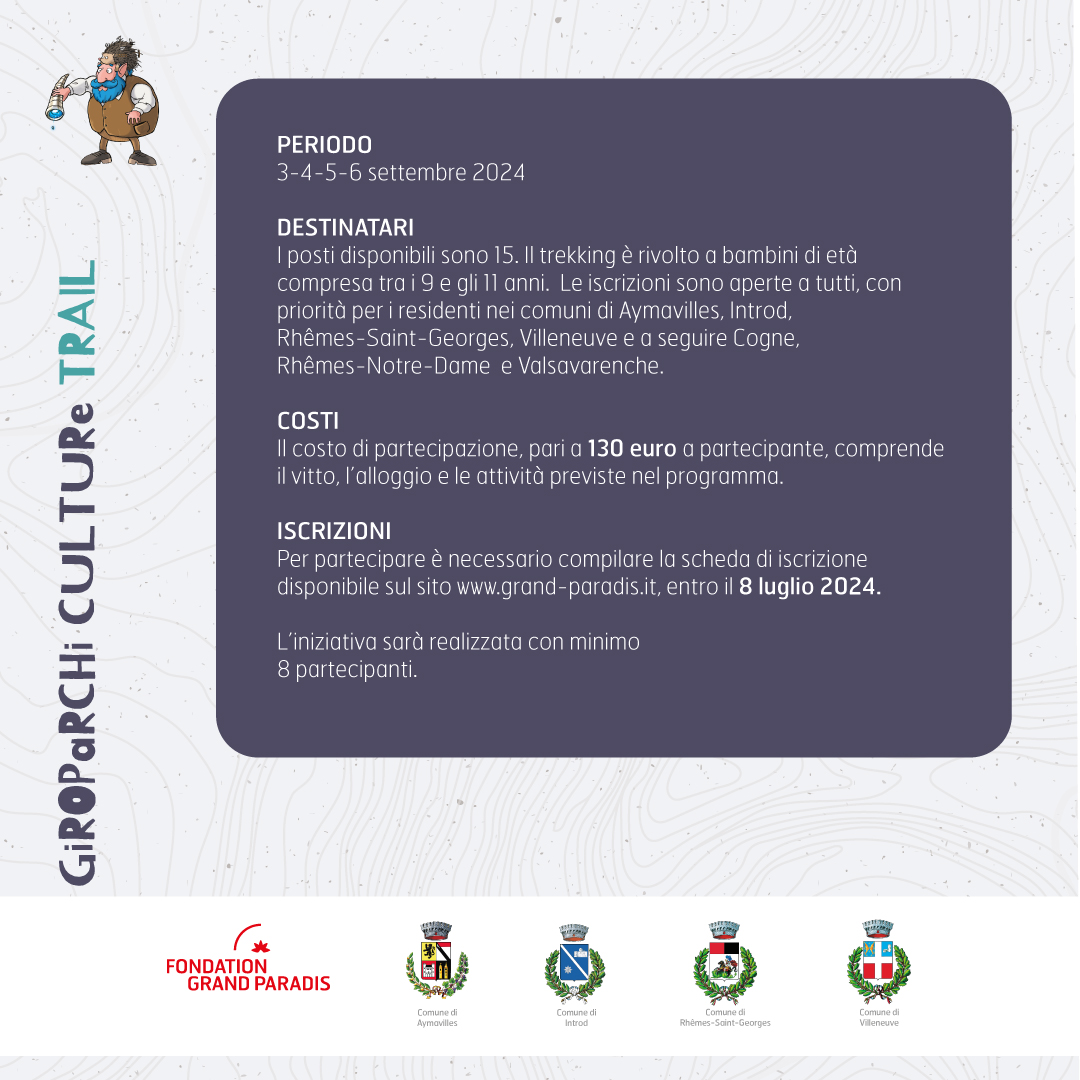 FGrandParadis's tweet photo. 🟡 Aperte le iscrizioni alla V edizione di #GiroparchiCultureTrail!

Il trekking in 🇬🇧 Inglese per bambini 9-11 anni si svolgerà dal 3 al 6/09, dando modo ai partecipanti di concludere l’estate alla scoperta del paesaggio del Gran Paradiso.

📯 Iscrizioni: https://t.co/mHNv7nSxtO https://t.co/hgWoM4kkDd