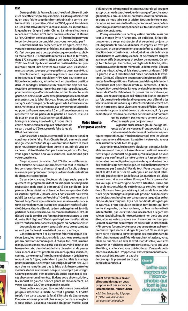 Etienne Parizot (@parizot) on Twitter photo ABSOLUMENT MAGISTRAL ! Puisque <a href="/Charlie_Hebdo_/">Charlie Hebdo</a> à fait cet édito, tellement juste, puissant et intégralement impeccable, je n’ai rien d’autre à dire moi-même. À faire circuler. Partout. Pour l’honneur de l’esprit français ! 🙏🏻👏🏼 ABSOLUMENT MAGISTRAL ! Puisque <a href="/Charlie_Hebdo_/">Charlie Hebdo</a> à fait cet édito, tellement juste, puissant et intégralement impeccable, je n’ai rien d’autre à dire moi-même. À faire circuler. Partout. Pour l’honneur de l’esprit français ! 🙏🏻👏🏼