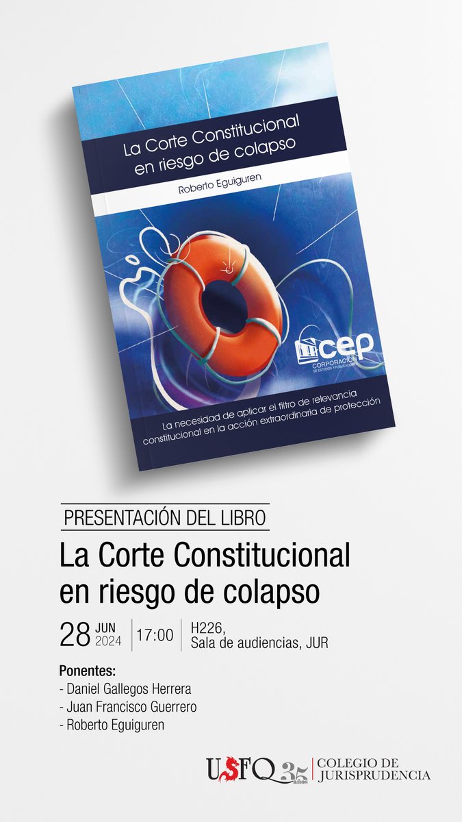 Amigos y amigas, este viernes presento mi libro ‘La Corte Constitucional en riesgo de colapso’!

Será en la USFQ a las 17h y tendré el honor de contar con <a href="/dan_gahe/">Daniel Gallegos H</a> y Juan Francisco Guerrero de <a href="/DuriniGuerrero/">Durini & Guerrero Abogados</a> como panelistas!

Espero que puedan acompañarnos!