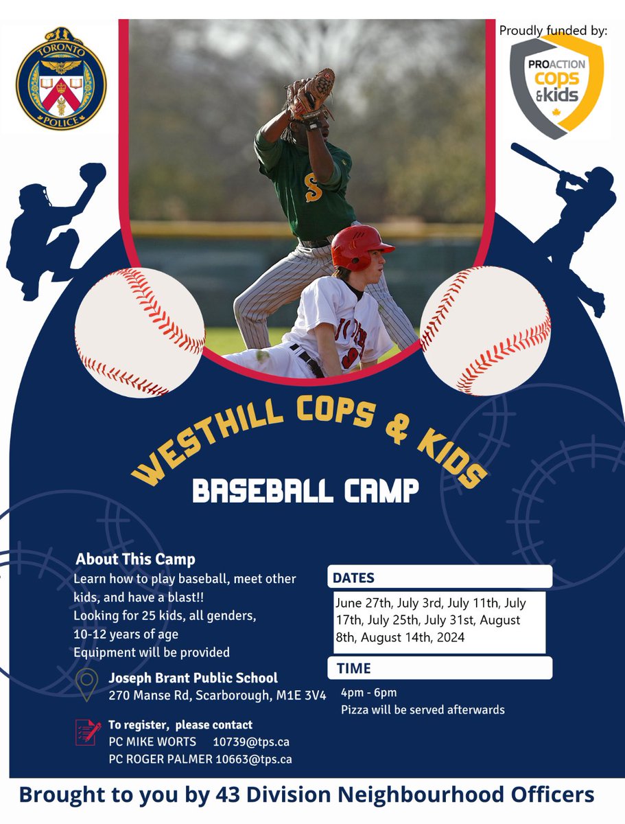 It’s not too late to register for the West Hill ‘Baseball Camp’!!
Email Mike or Roger @ 10739@tps.ca or 10663@tps.ca                                                LET’S PLAY BALL!!!