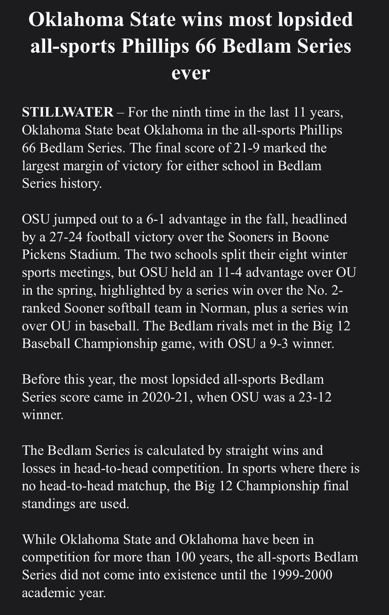 DylanBuckingham's tweet photo. #OKState announces they’ve won the Bedlam rivalry all-sports crown. #Sooners https://t.co/6QxVabLasz