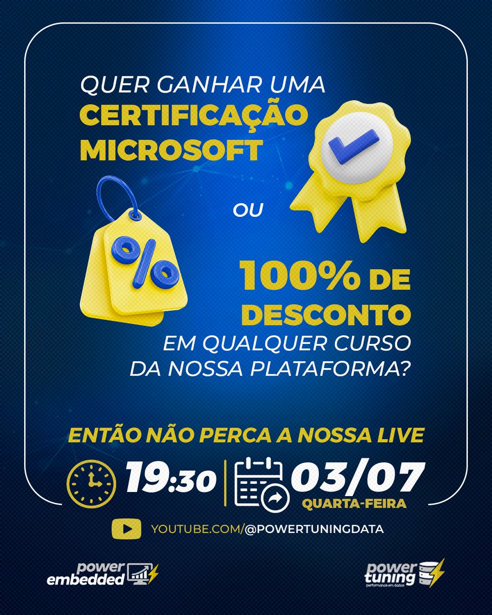 soupowertuning's tweet image. Live em comemoração aos 10 anos da Power
📅 03/07/2024 Quarta-Feira
🕢 19:30
Participe e concorra a certificação Microsoft e 100% de desconto em cursos na nossa Plataforma de Ensino.
youtube.com/watch?v=SemNBV…
Lembre-se de ativar as notificações para não perder nenhum detalhe