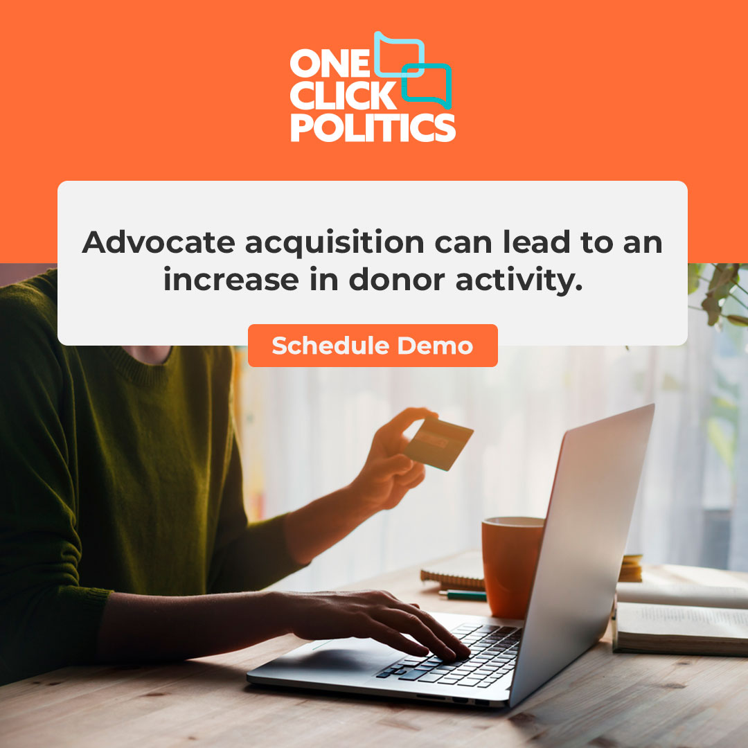 Advocate acquisition can seriously boost donor activity and fundraising. One Click Politics can help you acquire new advocates &amp; tap into a broader pool of potential donors. Want to know more? Schedule a demo today! zurl.co/WC9g

#advocacysoftware #advocateacquisition