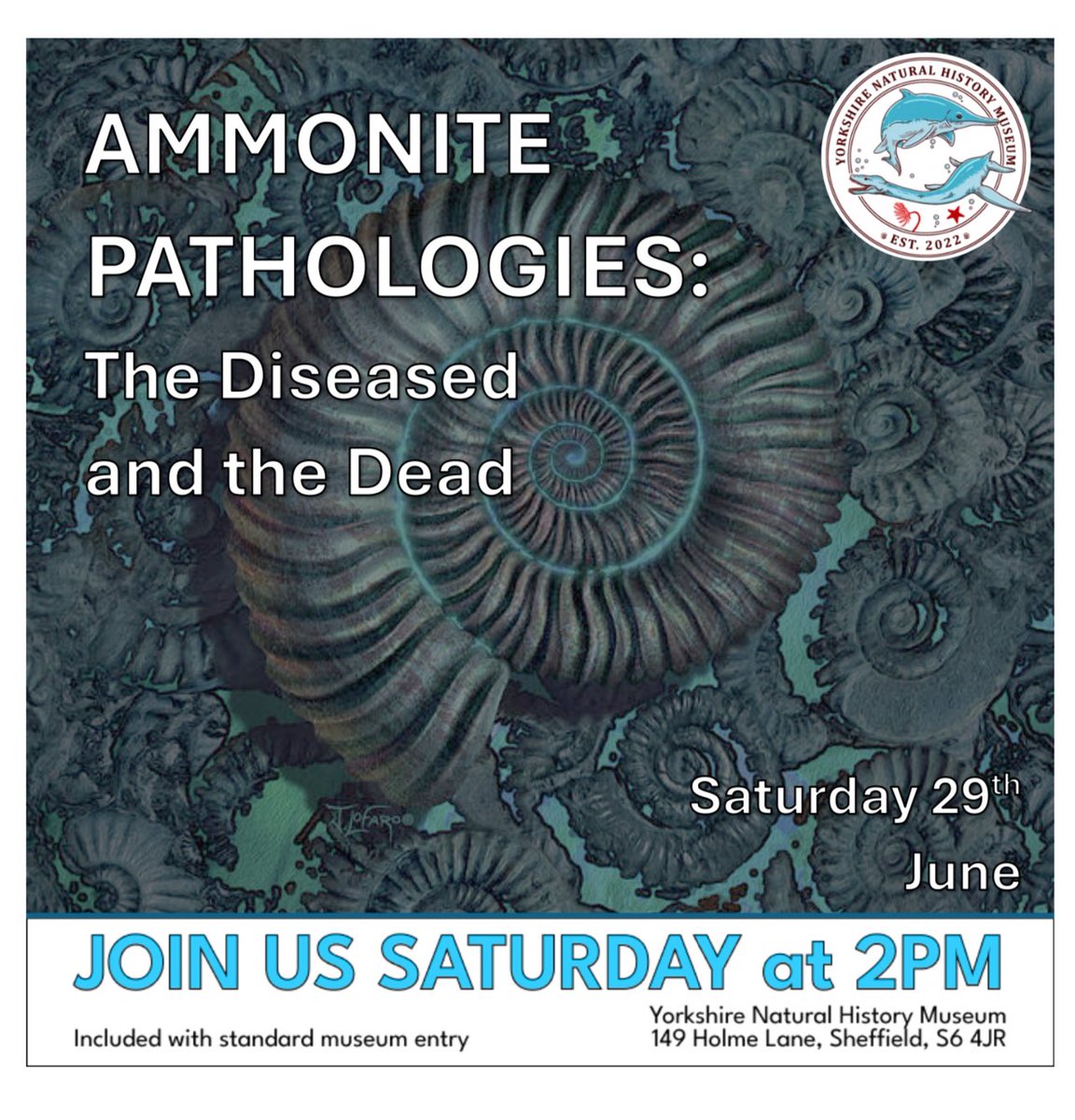 Come join us this Saturday at the museum for this week’s public lecture “Ammonite Pathologies” presented by Richard Maddra. 🌀

If you have an interest in disease, death and the fossil record, this talk is not to be missed! 🦠☠️