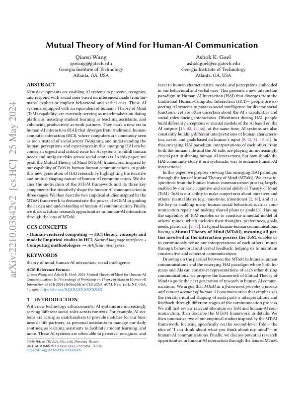 Abramovicz77797's tweet image. Authored by Qiaosi Wang and Ashok K. Goel, this paper from Georgia Tech explores the MToM framework. Key roles of AI systems and future research directions. #AI #AcademicPaper