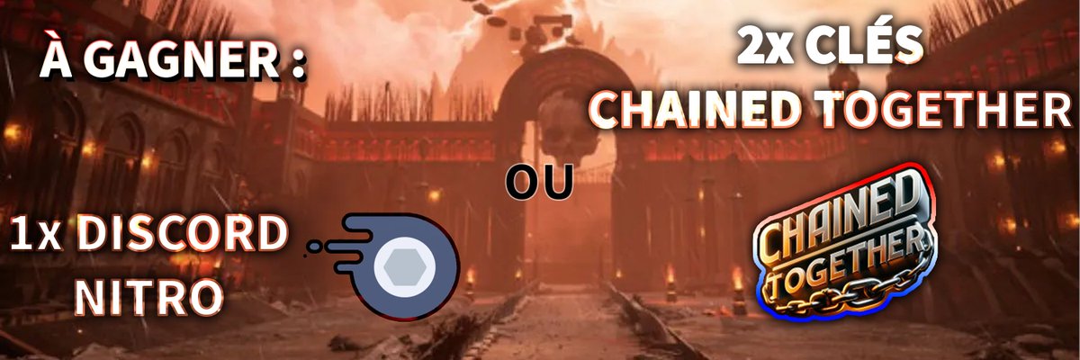 ChainedTogthrFR's tweet photo. 🎉Rejoignez Chained Together FR !🚀Nous fêtons 100 membres en 3 jours avec un giveaway spécial !

🎁À gagner :

- Discord Nitro
OU
- 2 clés du jeu Chained Together

Ne manquez pas cette opportunité !

🔗https://t.co/VX3aoF9f5h

#Gaming #Discord #Giveaway #ChainedTogether https://t.co/rYaX8MAUsr