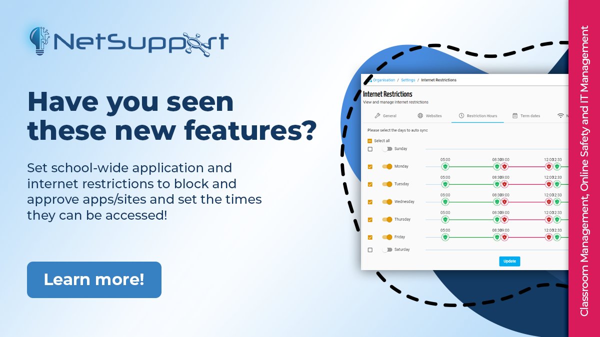 NetSupportGroup's tweet image. Take control of #Classroom applications with ease! With #classroomcloud&apos;s new feature update, schools can now set school-wide restrictions for app access on both Mac &amp;amp; Windows devices. It&apos;s never been simpler to manage #ClassroomTechnology effectively. mvnt.us/m2363368