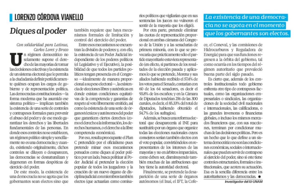lorenzocordovav's tweet photo. Lo que define a un sistema democrático es contar con controles formales e institucionales que acoten la actuación del poder político. Esa es la diferencia básica entre los autoritarismos y las democracias.

Va mi artículo de hoy en @El_Universal_Mx https://t.co/U7glRegGo5