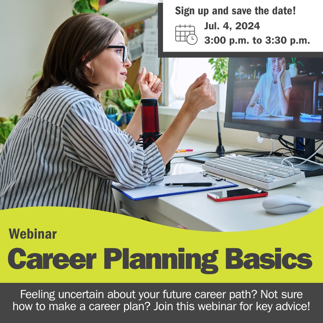 🌟 Not sure how to make a career plan? Join us for an insightful webinar!

📅 Mark your calendar for July 4, 2024, from 3:00 p.m. to 3:30 p.m.

Register here bit.ly/4cz71RH 🚀

#CentennialCollege #CareerOpportunities #CareerServices #CareerPlanning #CareerSuccess