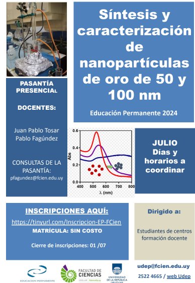 eduperfcien's tweet photo. Estimad@s,  Están abiertas las inscripciones para la pasantía  EP "Síntesis y caracterización de
nanopartículas de oro de 50 y 100 nm".  INSCRIPCIONES: https://t.co/0op32MVTkX………… …hasta el 1 de julio. Matrícula: sin costo.  Adjuntamos más info. https://t.co/qIGbfABMfF