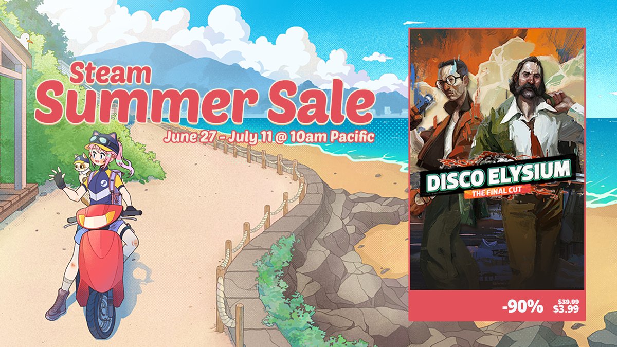 discoelysium's tweet image. The @Steam Summer Sale is live &amp;amp; we're partaking with our biggest discount to date. 

Pick up Disco Elysium - The Final Cut at 90% off until 11th July: bit.ly/DiscoElysium