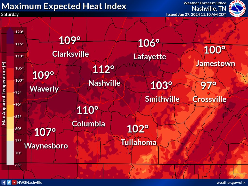 Saturday is going to brutal with afternoon high temperatures in the low to mid 90s (with maybe a few upper 90s in certain areas) across Middle Tennessee west of the Cumberland Plateau. Humidity is going to be awful. So this is what the project maximum heat index values look like.