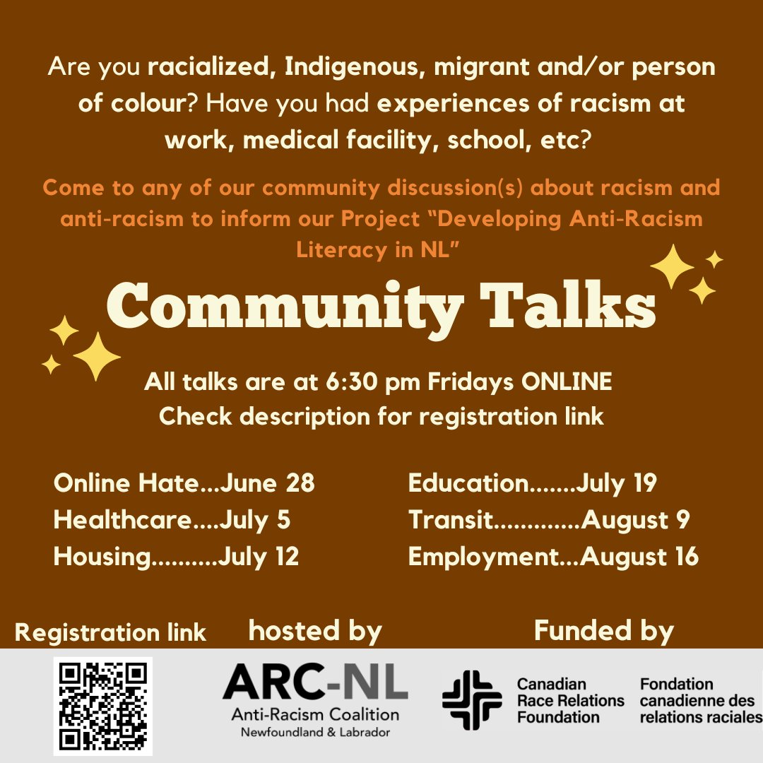 Join us in our Community Talks to inform our project "Developing Anti-Racism Literacy in NL". Our first session is tomorrow at 6:30pm on Online HATE.