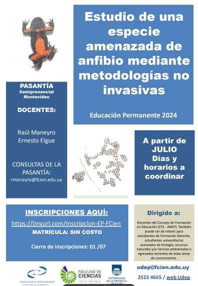 eduperfcien's tweet photo. Estimad@s,  Están abiertas las inscripciones para la pasantía  EP "Estudio de una especie amenazada de
anfibio mediante metodologías no invasivas".  INSCRIPCIONES: https://t.co/0op32MVTkX………… …hasta el 5 de julio. Matrícula: sin costo.  Adjuntamos más info. https://t.co/oKndImkTyB