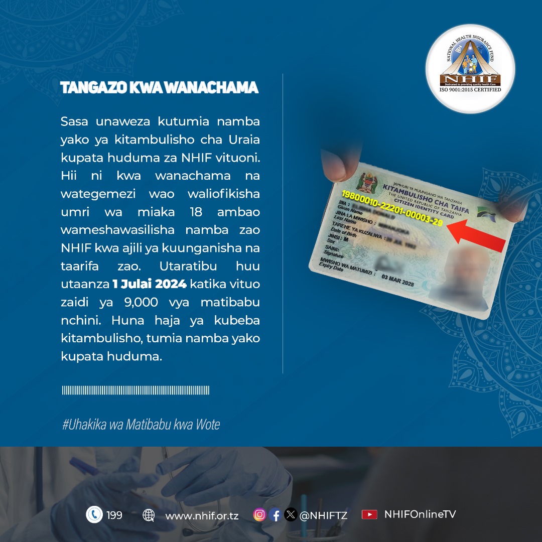 NHIF Tanzania (@nhiftz) on Twitter photo TANGAZO KWA WANACHAMA
<a href="/wizara_afyatz/">Wizara ya Afya Tanzania ๐น๐ฟ</a> <a href="/TZMsemajiMkuu/">Msemaji Mkuu wa Serikali</a> <a href="/bima_afyatz/">BIMA YA AFYA KWA WOTE ๐น๐ฟ</a>
#nhiftz #bima #bimayaafyakwawote #bimayaafya TANGAZO KWA WANACHAMA
<a href="/wizara_afyatz/">Wizara ya Afya Tanzania ๐น๐ฟ</a> <a href="/TZMsemajiMkuu/">Msemaji Mkuu wa Serikali</a> <a href="/bima_afyatz/">BIMA YA AFYA KWA WOTE ๐น๐ฟ</a>
#nhiftz #bima #bimayaafyakwawote #bimayaafya