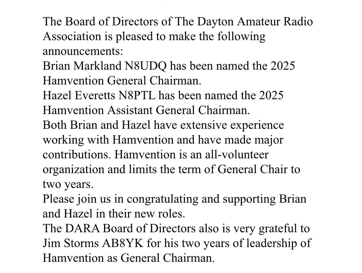 Hamvention 2025 Announcement                                                             June 26, 2024