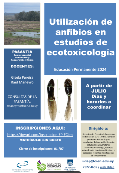 eduperfcien's tweet photo. Estimad@s,  Están abiertas las inscripciones para la pasantía  EP "Utilización de anfibios en estudios de ecotoxicología".  INSCRIPCIONES: https://t.co/0op32MVTkX………… …hasta el 5 de julio. Matrícula: sin costo.  Adjuntamos más info. https://t.co/HuYjGy0TZ0
