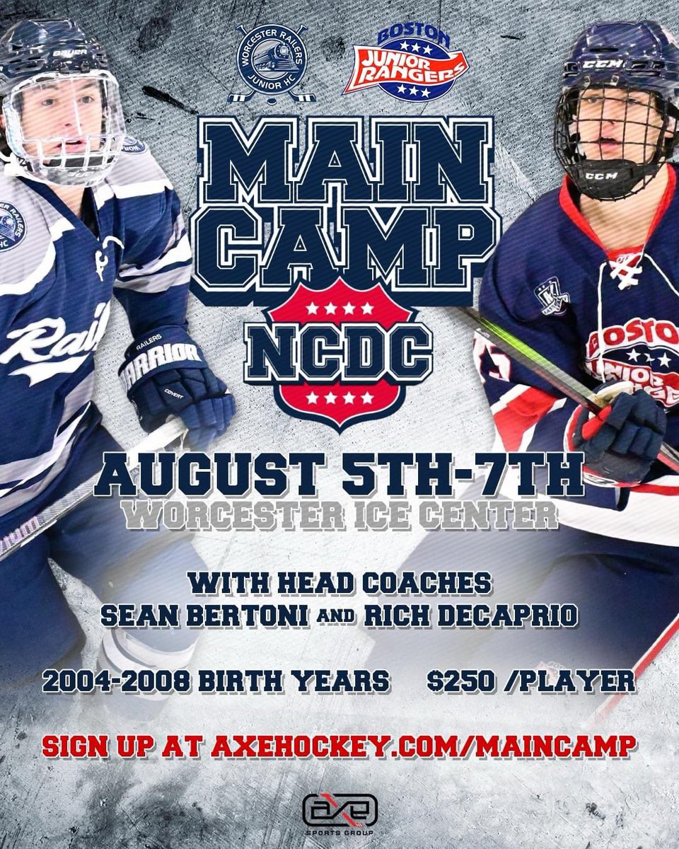 Have you heard the news? 🗞️  The Rangers and Railers' head coaches are hosting this year's Main Camp happening August 5th - 7th at Worcester Ice Center! 🚨 2004 - 2008 birth years are invited to attend. Sign up at axehockey.com/maincamp/ #BostonJrRangers #WorcesterRailers