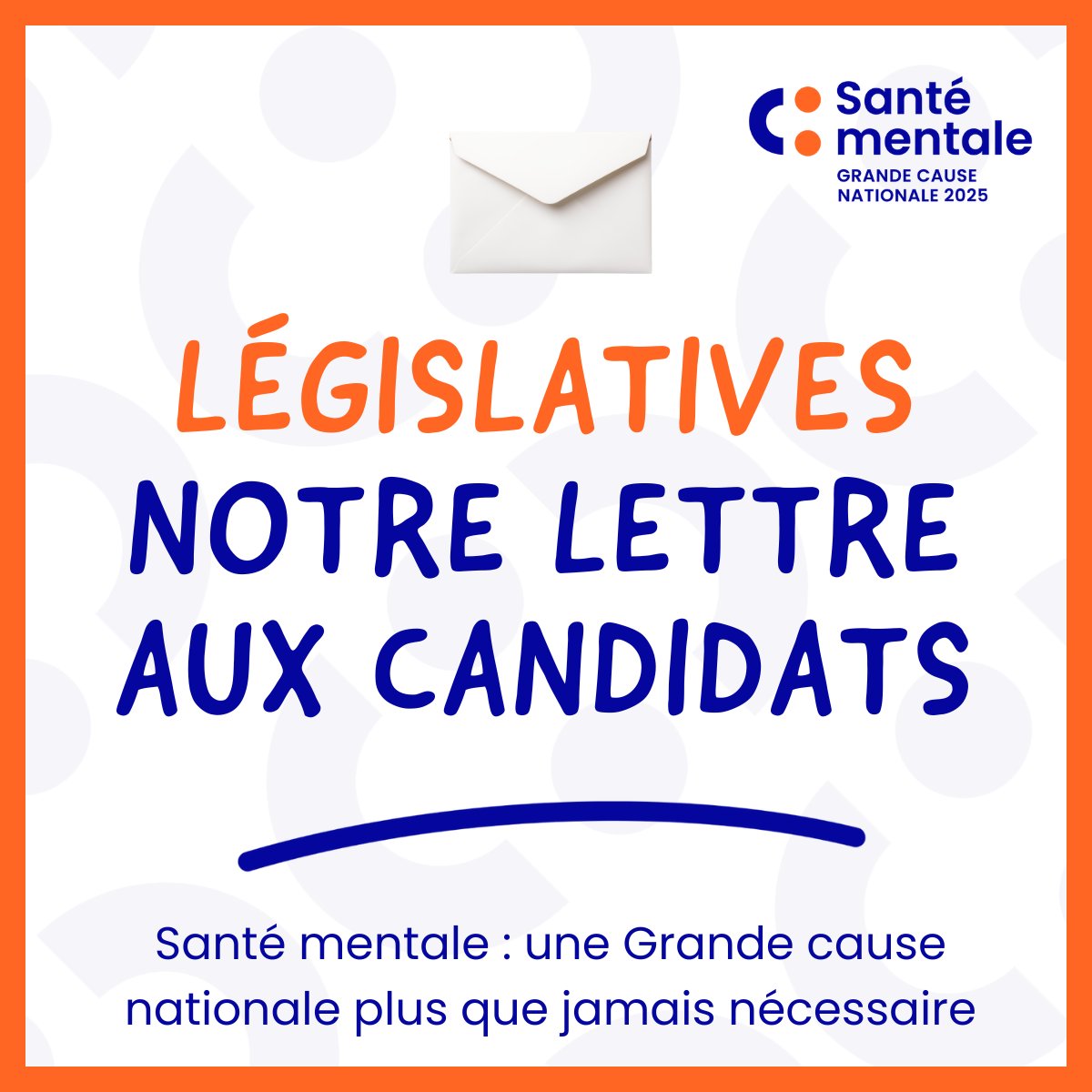Collectif Santé mentale - Grande cause nationale (@santementalegc) on Twitter photo 🗳️À quelques jours des élections #législatives, le collectif <a href="/SanteMentaleGC/">Collectif Santé mentale - Grande cause nationale</a> représentant + de 3000 organisations et près de 30 000 citoyens, appelle les candidats à faire de la #SantéMentale de la population une de leurs priorités.
👉Lire la lettre : urlz.fr/r253 🗳️À quelques jours des élections #législatives, le collectif <a href="/SanteMentaleGC/">Collectif Santé mentale - Grande cause nationale</a> représentant + de 3000 organisations et près de 30 000 citoyens, appelle les candidats à faire de la #SantéMentale de la population une de leurs priorités.
👉Lire la lettre : urlz.fr/r253