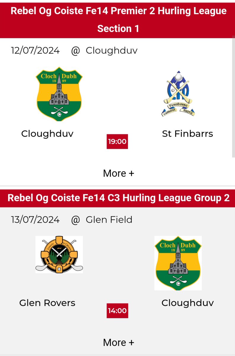 CloughduvHurlin's tweet photo. Here are the upcoming Cloughduv fixtures. All the best to our players and coaches. Please support. #cloghdubhabú 🟩🟨 https://t.co/WceJR7rsXB