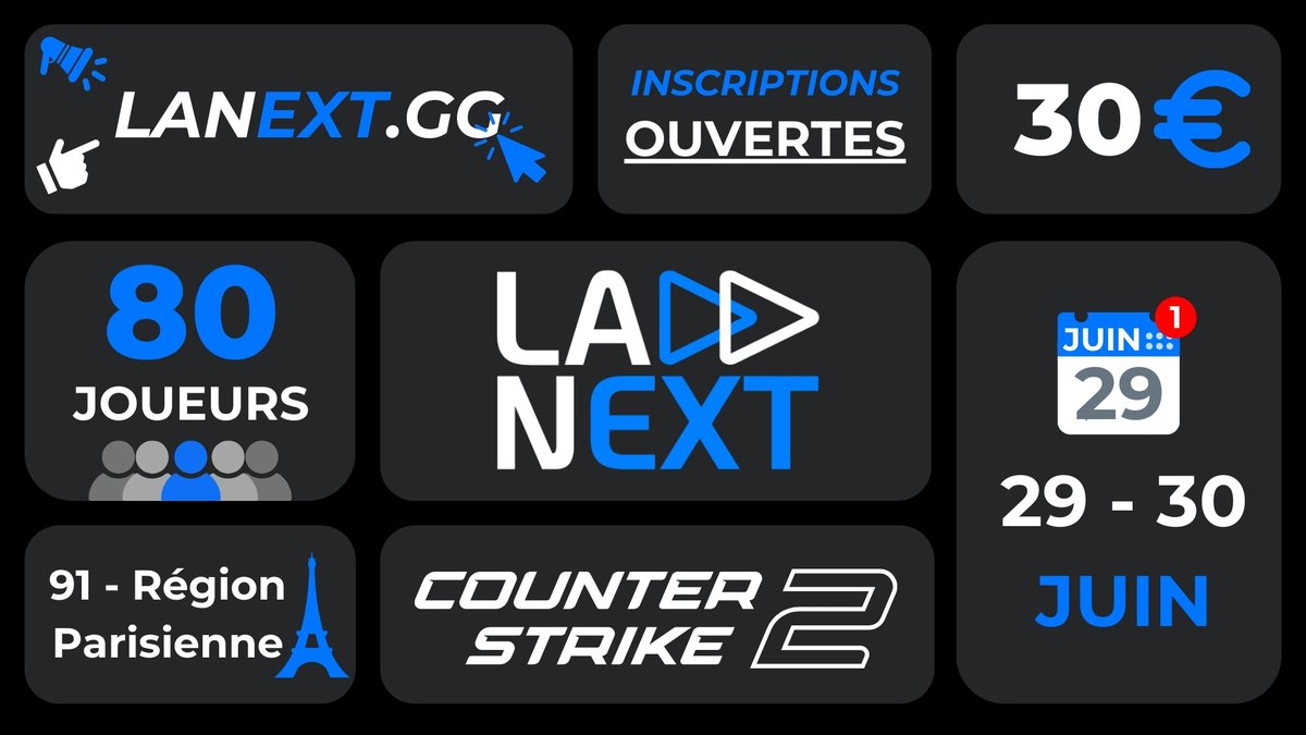 Afti_LAN's tweet photo. ⏩ RAPPEL INFORMATIONS LANEXT ⏩
🗓️ 29 & 30 juin
⏰ Ouverture: 8h // début de la LAN: 10h
🏡 17 Route de Gif, 91190 Villiers-le-Bâcle
📌 Discord: https://t.co/WkulkTHjpp
#LANEXT Plus d'infos: https://t.co/PYcLFvzSFj https://t.co/ZgDzdi4YDQ