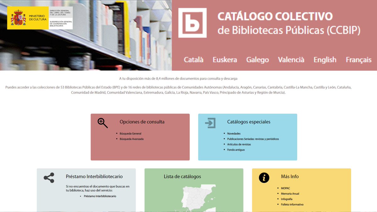 librolecturagob's tweet photo. 🔎El Catálogo Colectivo de #BibliotecasPúblicas (#CCBIP) pone a tu disposición +de 8,4 millones de documentos para consulta y descarga. Puedes acceder a las colecciones de 53 Bibliotecas Públicas del Estado y de 16 redes de bibliotecas públicas de CC.AA.
👉https://t.co/LjzfytFFz9 https://t.co/6D4hNowzQf