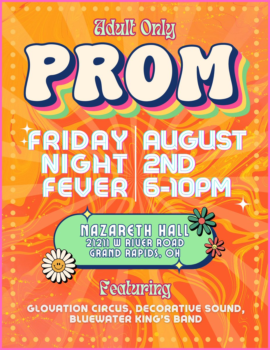 glovation's tweet photo. Get groovy with us at Nazareth Hall's 70's-themed adult prom! Don't miss out on the dazzling entertainment by Glovation Circus, turning the venue into a disco paradise! Join us on August 2nd from 6:00-10:00 PM. Friday Night Fever awaits! https://t.co/ZLyIcHddQQ