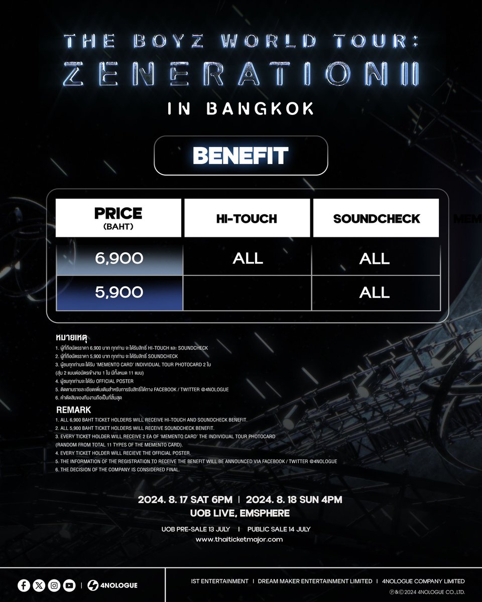 THE BOYZ กลับมาหา ‘แทบี๋’ อีกครั้งกับ THE BOYZ WORLD TOUR : ZENERATION II in BANGKOK เตรียมพบกับโชว์สุดประทับใจของหนุ่ม ๆ ที่กลับมา
มอบความสุขและความสนุกให้กับเดอะบีชาวไทยแน่นอน!! 

🗓️รอบการแสดง
วันเสาร์ที่ 17 สิงหาคม 2567 เวลา 18.00 น.
วันอาทิตย์ที่ 18 สิงหาคม 2567 เวลา 16.00 น.