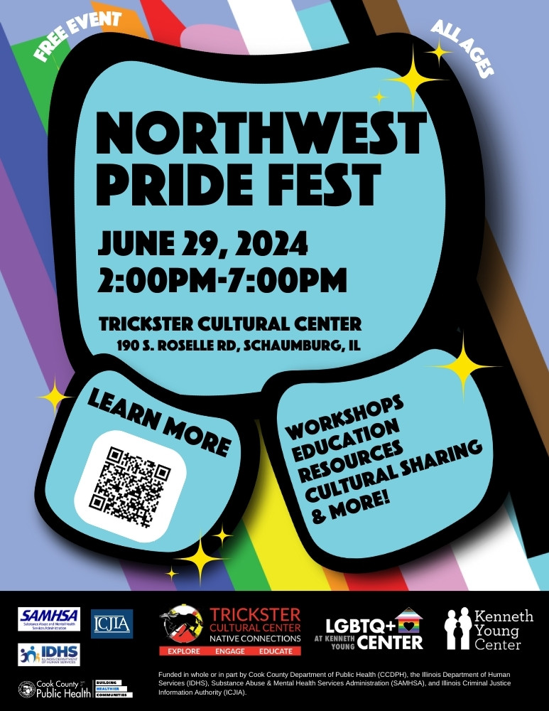 chicagocultural's tweet photo. Join Ken­neth Young LGBTQ+ Cen­ter &amp; Trick­ster Cul­tur­al Cen­ter for North­west Pride­ Fest 2024 this Friday, 6/29!  The day’s festivities include: Workshops, Education Resources, Cultural Sharing, live entertainment: https://t.co/bpd6pgy7Em

#pride #pridefest #lgbtq #trickster https://t.co/c9KxlPQamR