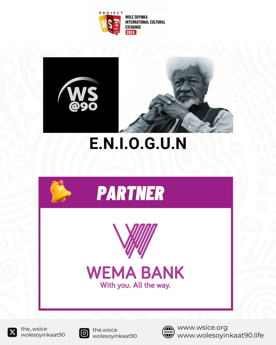 wolesoyinkaat90's tweet photo. Excited to announce that @wemabank has partnered with Wole Soyinka at 90 - WSICE 15th Edition! 🌟 

Prof. Soyinka has influenced countless youth in art, literature, culture, and more. This partnership celebrates his legacy and impact.
Thank you, @Wemabank
#WoleSoyinkaAt90 
#WSICE https://t.co/hp5y8TarNi