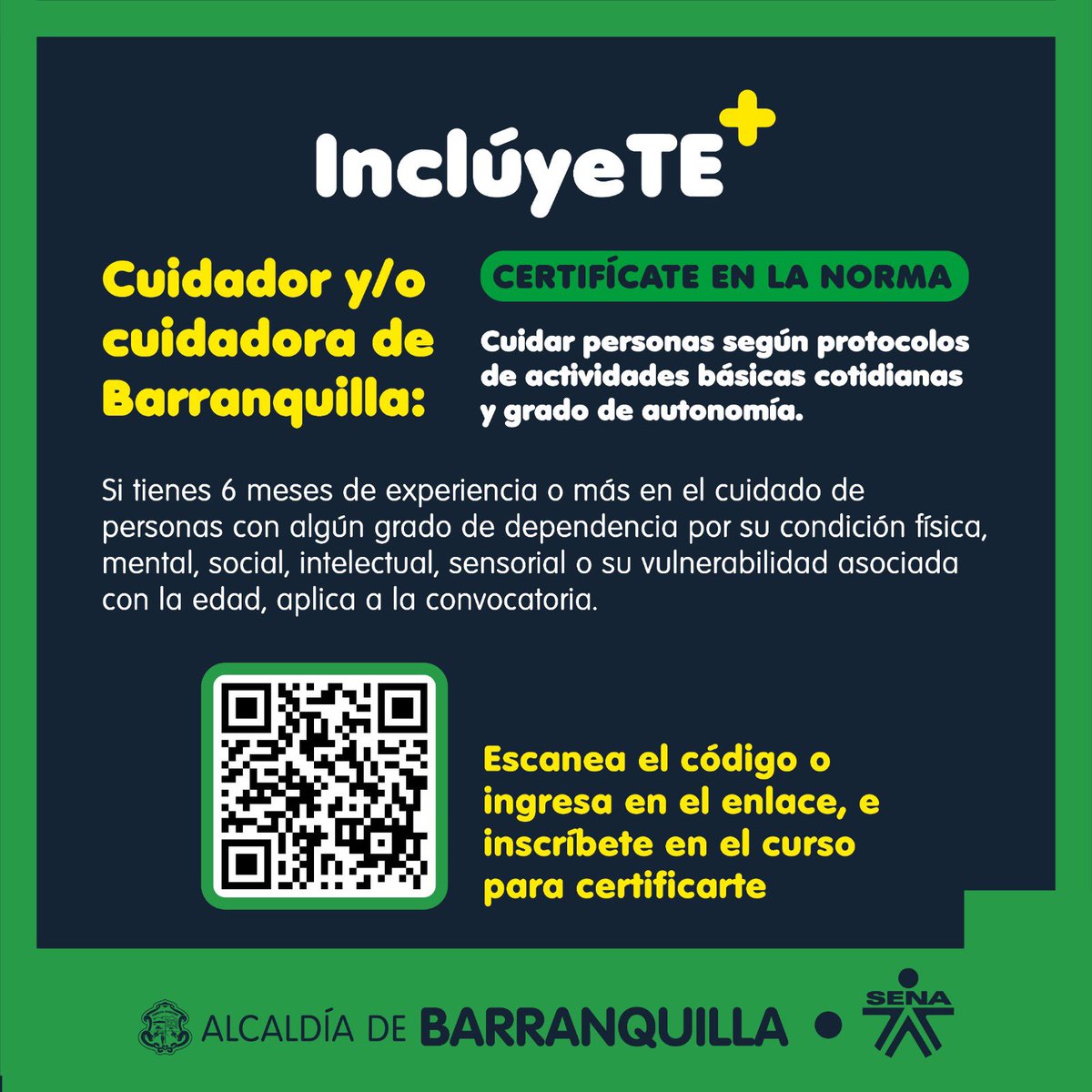 Cuidador (a), ¡queremos certificar y dignificar tu labor!

Si tienes 6 meses o más de experiencia en esta ocupación, inscríbete en la convocatoria de <a href="/alcaldiabquilla/">Alcaldía de Barranquilla</a> 
👇🏻
bit.ly/3xqQnV0

¡Es GRATIS y rápido! 
#InclúyeteMás