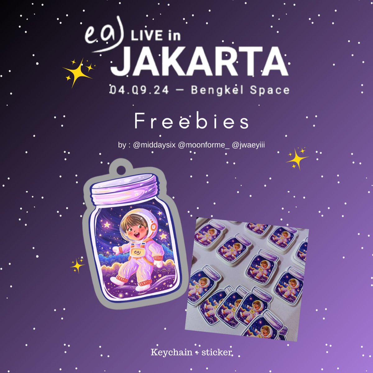 100 jars for eaJ when the rain stopped following me Jakarta Freebies . ֗ ִ༊*·
     ↬fan support by @middaysix <a href="/moonforme_/">ken ✨</a> <a href="/jwaeyiii/">Cici</a>

• 1 acrylic keyring + stickers
• answer 1 out of 10 random question about Jae 
• tag us if you receive one

#eaJ #wtrsfmJKT #wtrsfmTOUR