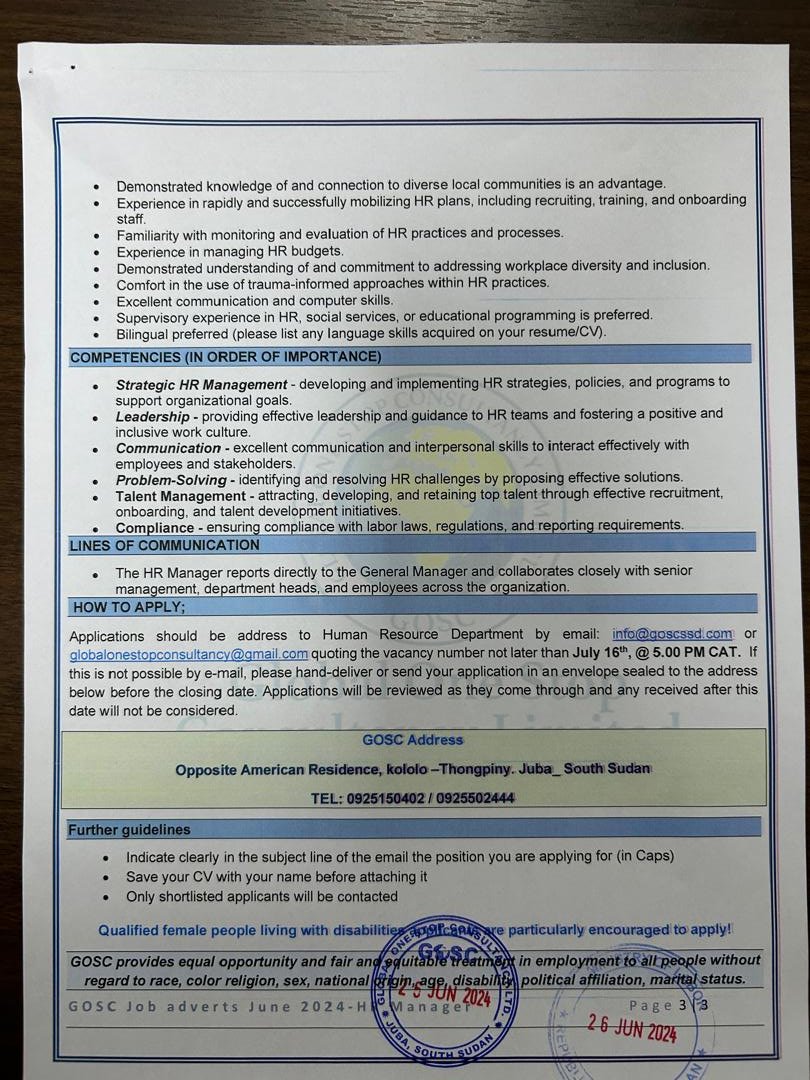 ayeymadut's tweet photo. Global One Stop Consultancy Ltd-Gosc is hiring an HR Manager! If you're a passionate HR professional ready to make a difference, apply now! Competitive salary, growth opportunities, and a dynamic work environment await you. 📷📷 #Hiring #HRManager #CareerOpportunity #goscssd #SSD https://t.co/Wt9Nwmchrt