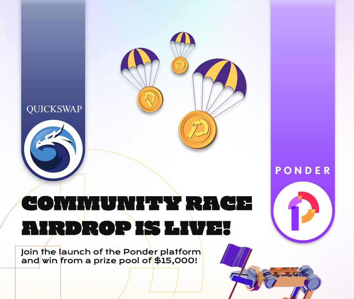 QuickswapDEX's tweet photo. 🚨 Airdrop Alert! 🚨

Did you know that QuickSwap is collaborating with @Ponder_One?

To celebrate the launch of their platform's Beta version, Ponder ONE is releasing the Community Race Airdrop event! 🪂

There are 5 partners competing! 

Join the dragons on team QuickSwap with the link below and start racking up points & climbing the leaderboards 👇
https://t.co/LUCmuHKxhH

You can find all the details on the Airdrop here:
https://t.co/1vk3v8H6sJ

Let the games begin!