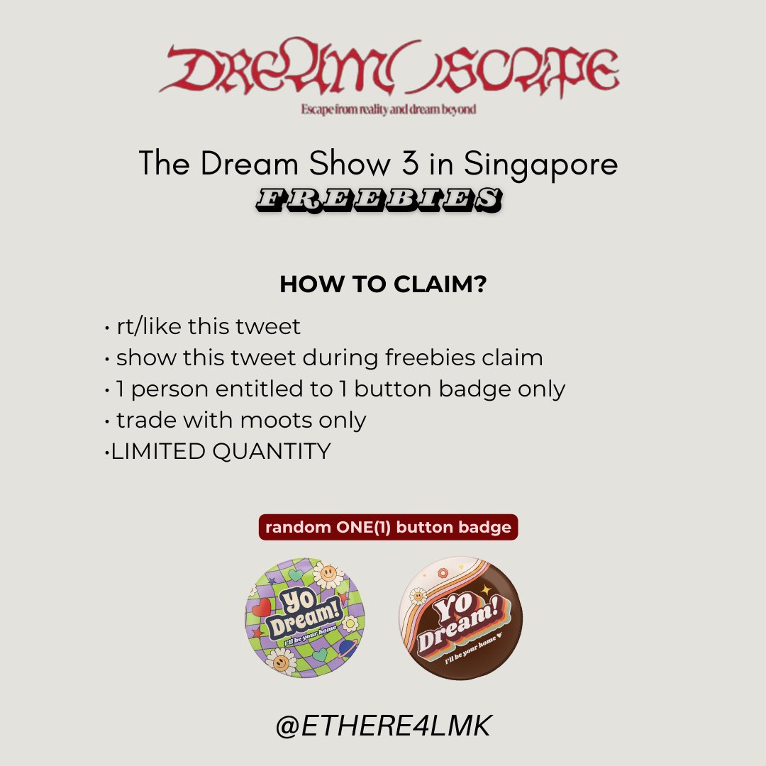 freebies for #THEDREAMSHOW3inSingapore 🫶🏻 
by: <a href="/ETHERE4LMK/">ri!! item keeping service!! ♡</a> 

🔖30 June 2024 (day 2)
📍Singapore Indoor Stadium
🕑 TBA

📌rt &amp; like this tweet 
📌fcfs basis
📌trade with moots
📌no claiming for others

#TDS3inSG
#NCTDREAM