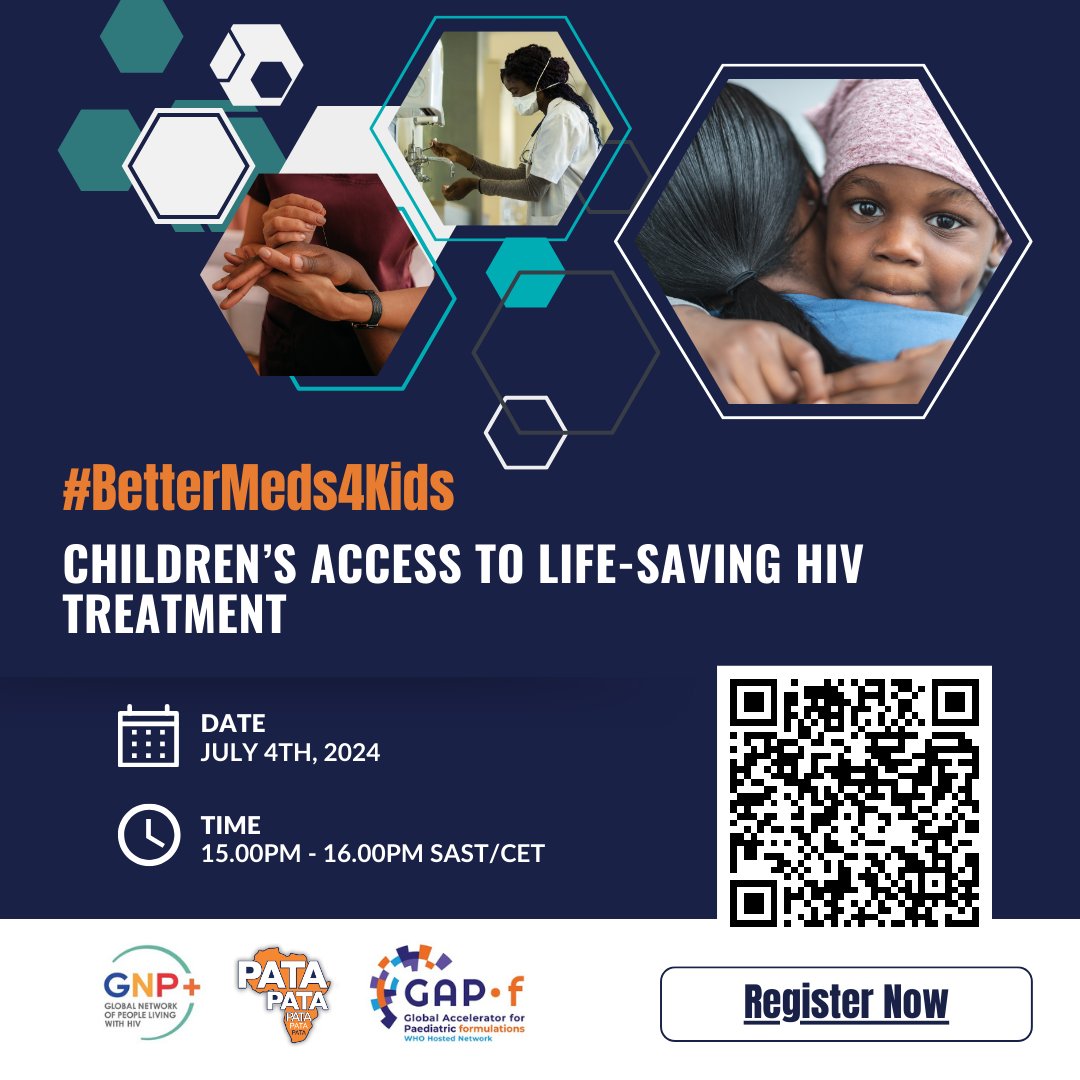 Register and join <a href="/gnpplus/">GNP+</a> and <a href="/teampata/">PATA</a>  on 4 July for the #BetterMeds4Kids Children’s Access to Life-saving HIV Treatment webinar! Learn about the new #pALD dispersible tablet, a game-changer in children's HIV treatment. <a href="/GAP_f_Network/">GAP-f</a> 

Date: Thursday, 4 July, 2024
Time: