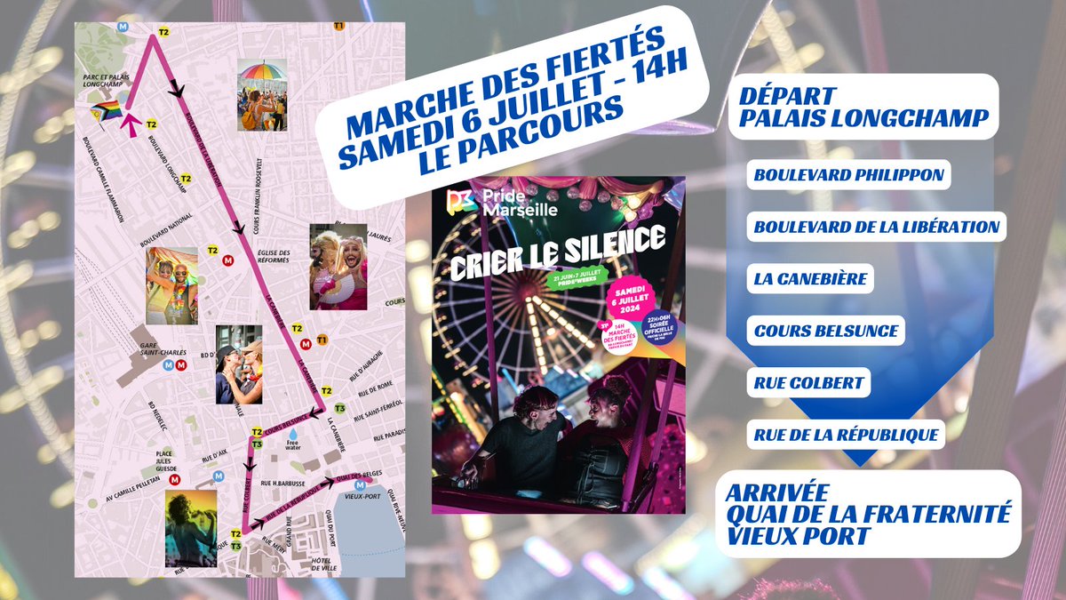 PRIDE MARSEILLE 2024 🏳️‍🌈🏳️‍⚧️
CRIER LE SILENCE
LE 30/06 et le 7/07, votons contre l'extrême droite !

06/07/24 : Marche des fiertés ✊ fierte.pm/marche24

21/06 - 07/07/24 : Pride²Weeks
🩷 fierte.pm/p2w2024

6/07/24 : Soirée officielle
🎫 fierte.pm/carto24