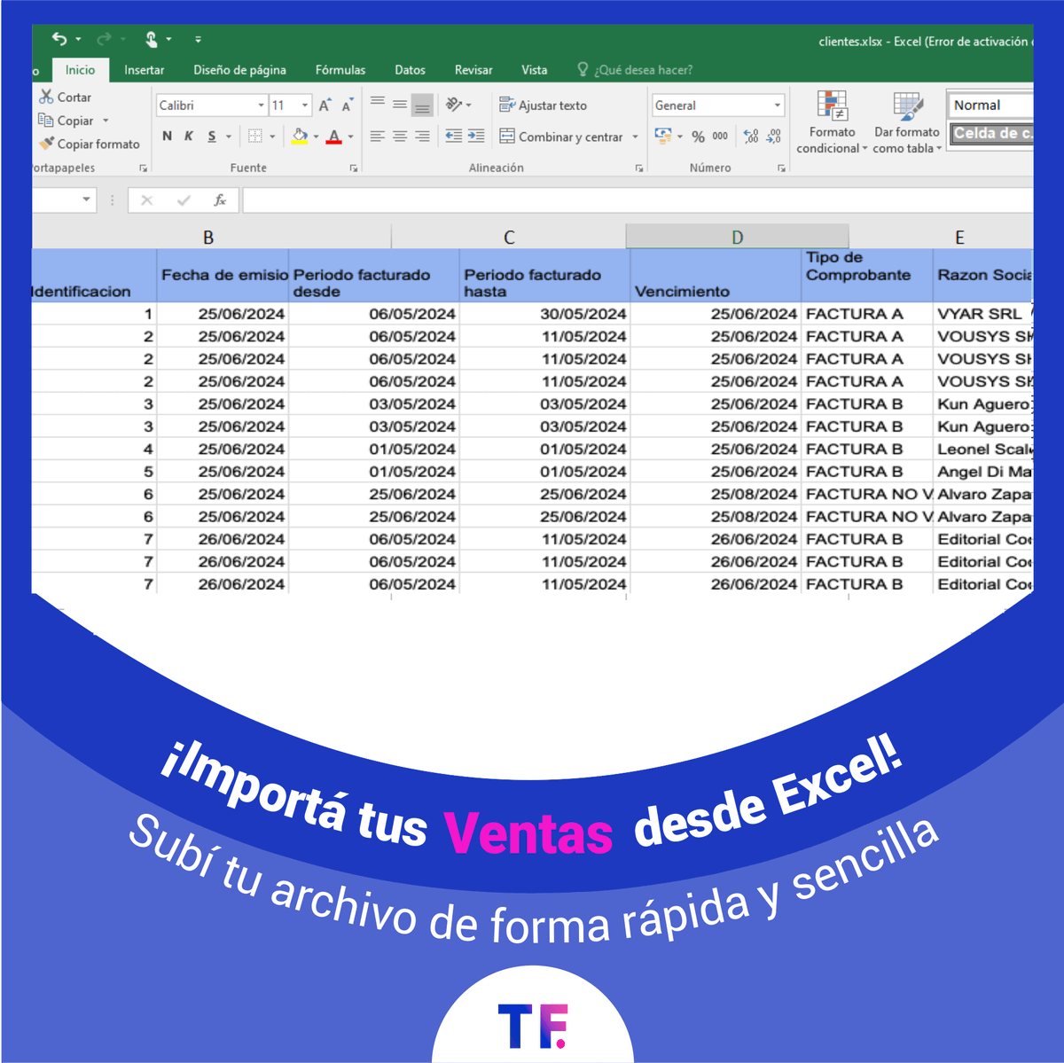 TusFacturasdevs's tweet photo. Facturación AFIP desde excel
Probá nuestra nueva herramienta que automatiza el proceso de facturación usando una planilla de Excel 📋👇

Fácil, rápido y amigable. Así es @TusfacturasApp 😎 https://t.co/r9ctGWDuPq