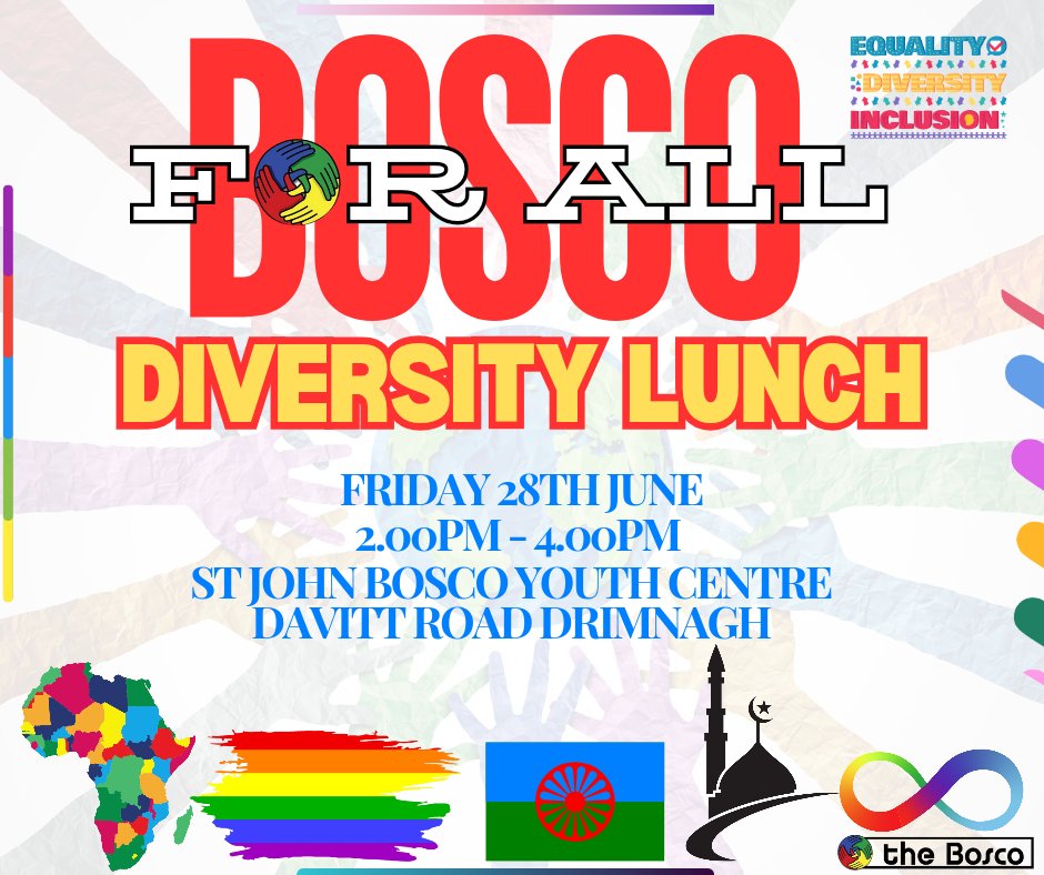SJBYouthCentre's tweet photo. We're super excited for our Diversity Lunch tomorrow. This event is open to absolutely EVERYONE in Drimnagh. 

So come on down, meet the staff and young people, participate in our activity stations, and enjoy some cakes and refreshments 🙌

Let's celebrate 🥳 

#bosco #drimnagh https://t.co/1hpo91NSQy