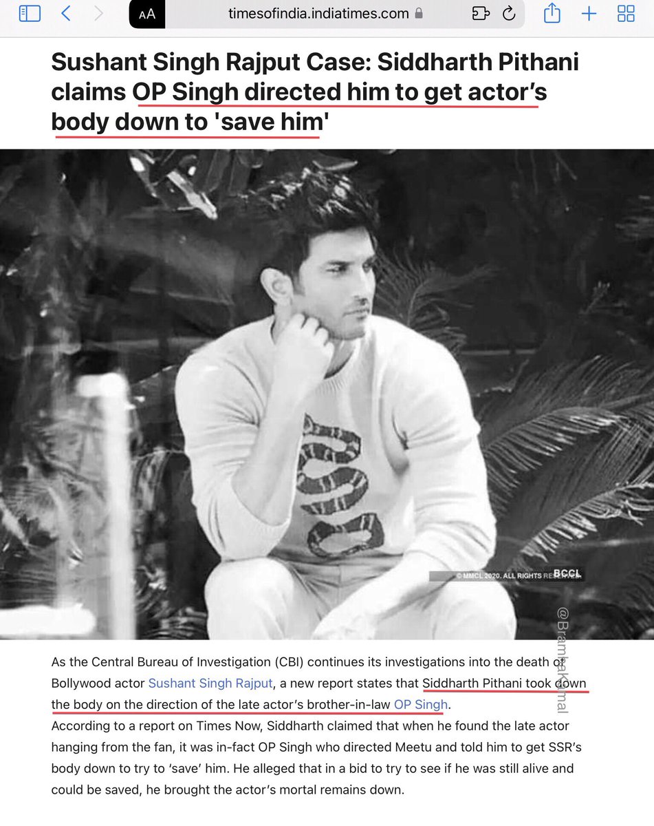 BramhaKamal's tweet photo. CBI Probe AnilD Vaze InSSRCase
Or, CBI Probe to establish what really happened BEFORE #MuPo arrived at the scene.
CBI Probe Mr OP Singh (BIL) to establish:
1. Why Mr OP Singh rang MuPo top officers and whether a suicide coverup was arranged? 👇🏼
2. Why Mr Singh ordered Pithani to cut noose and lower the body?
3. It is reported he was at autopsy, did he not suspect murder? 👇🏼
CBI Probe Ms @divinemitz (Sister) to establish:👇🏼
1. What did she witness on entering the room?
2. Why was the scene contaminated in her presence?
3. WHAT ITEMS had been removed from the scene?
CBI Probe #SiddharthPithani and househelps to establish:
1. Exact state of death scene on entry into room.
2. If he took any photo before lowering the body, if yes who has them?
3. Were they ordered by MeetuDidi to clean the scene and reposition the body? What items were removed?
CBI Probe Mr KK Singh (father) to establish:
1. Was he advised / coerced by anyone to file the 306?
2. Was he aware of the REAL cause of death when filing the 306?
CBI, your investigation does not start with the leaked photographs of the ALTERED SCENE, it starts with accurate description / photographs of the scene as witnessed immediately on entry of room by Pithani, Househelps and MeetuDidi.
IT WAS NOT SUICIDE NOR MURDER.
It doesn’t take four years to investigate an ACCIDENTAL death!
