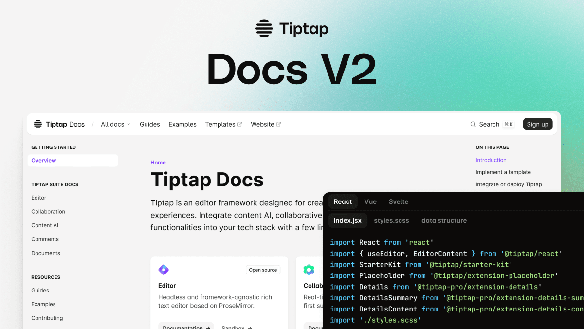 tiptap_editor's tweet photo. Important service announcement for our dev community: Tiptap's developer docs just got a major update to make them easier to use. We've streamlined the layout and content structure, updated the examples, and made everything easier to use: https://t.co/2FG5C1an8Z https://t.co/Q8o6umKbnx
