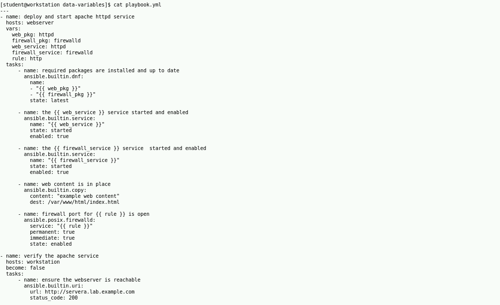 sp4rtan300's tweet photo. creating variables within my ansible playbook

In the vars: block at the beginning of a playbook, you can declare variables with a key-value pair syntax and then use those variables within a task

reference a variable by placing the name in double curly braces {{ var }}

#rhce https://t.co/2G79HTWRoc