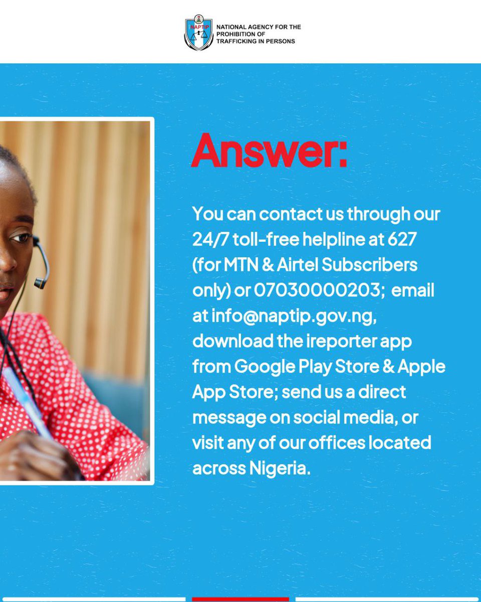 naptipnigeria's tweet image. Wondering how to reach out to NAPTIP? Discover the various ways you can contact us to report human trafficking, seek support, or get involved in our mission. 

Got questions or need to report a case? Reach out through your preferred channels.

#ContactNAPTIP #EndHumanTrafficking