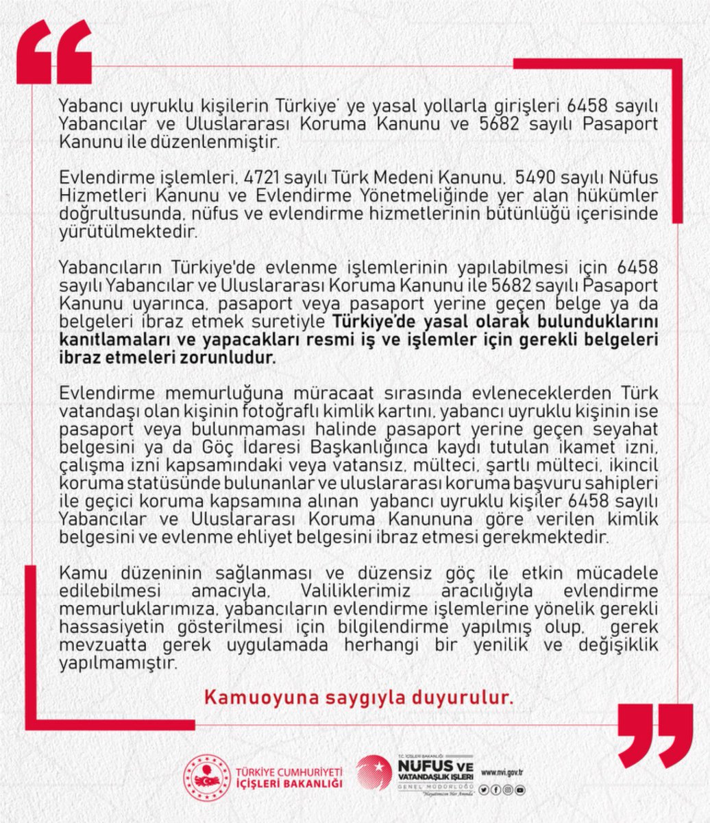 Nüfus ve Vatandaşlık İşleri Genel Müdürlüğü (@tcnufus) on Twitter photo Bugün bazı basın yayın organlarında yer alan “Yabancıların Evlenmesine Yasal Kalış Hakkı Zorunluluğu” başlıklı habere ilişkin kamuoyu duyurumuz‼️⬇️
<a href="/TC_icisleri/">T.C. İçişleri Bakanlığı</a> Bugün bazı basın yayın organlarında yer alan “Yabancıların Evlenmesine Yasal Kalış Hakkı Zorunluluğu” başlıklı habere ilişkin kamuoyu duyurumuz‼️⬇️
<a href="/TC_icisleri/">T.C. İçişleri Bakanlığı</a>