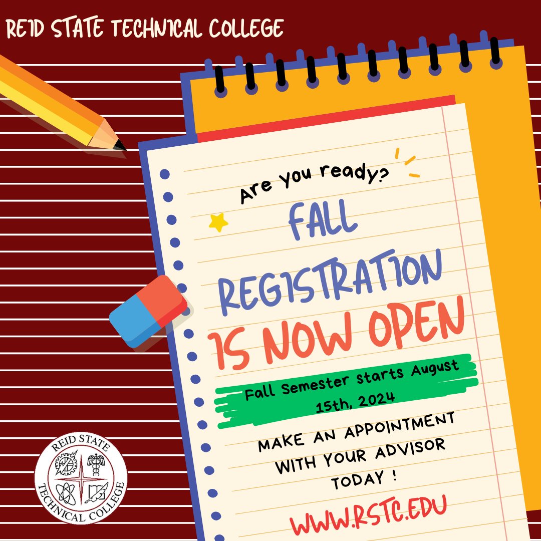 ReidStateCC's tweet photo. 🍂 Fall Registration Now Open at Reid State Technical College! 🍂

Let's make this Fall a season of new beginnings and academic achievements together. We look forward to welcoming you to Reid State Technical College!

#FallRegistration #LearnLocal #ACCS https://t.co/v7jDrhnuWd